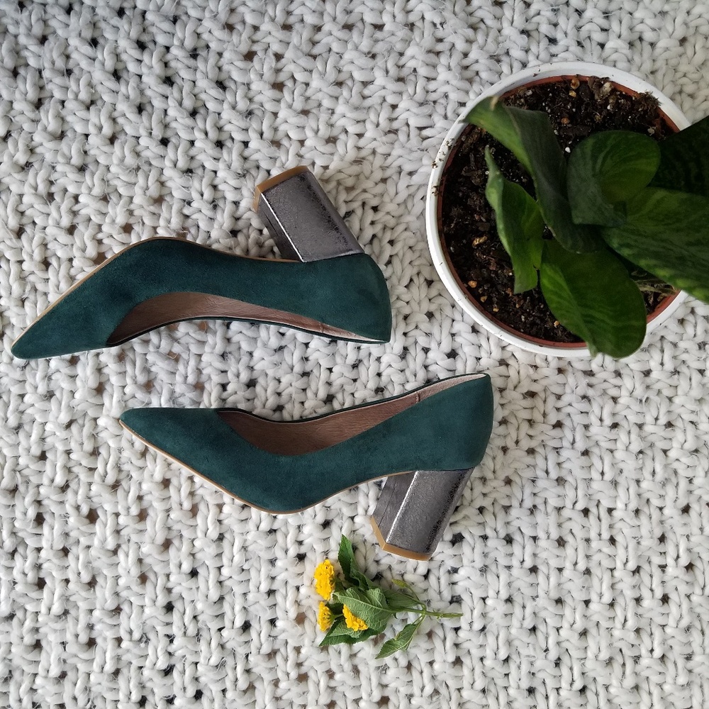 Anthropologie Green Suede Silver Block Heels sz 7